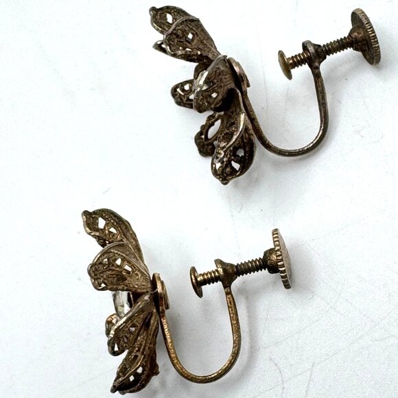 Gold-Tone Earrings Vintage Earrings Rhinestone Flower Screw-Back Mid-Century - Picture 5 of 7